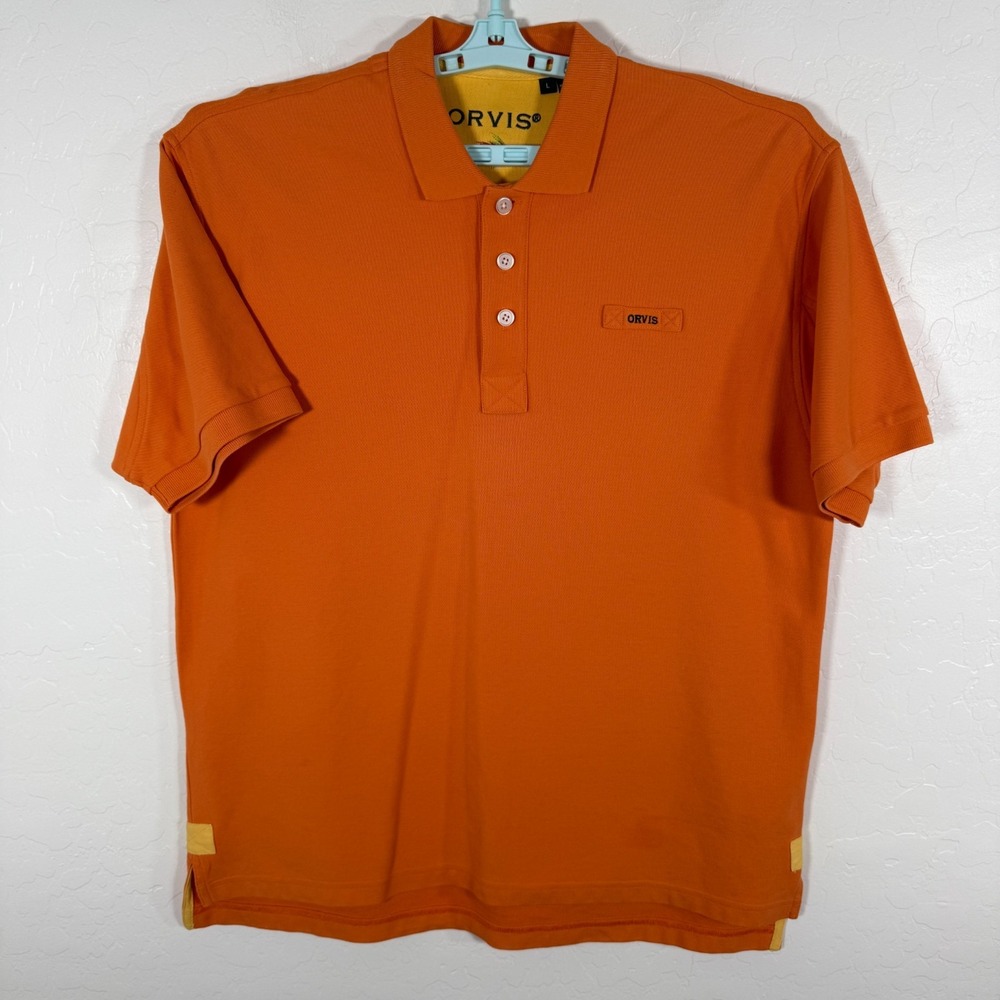 Orvis Polo‎ Shirt Mens Large Orange Heavyweight Outdoor Fishing Hiking Cotton